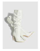Moncelia ivory ruched patent knee-high boots, pair shown from above, women's sizes 5 to 11.5