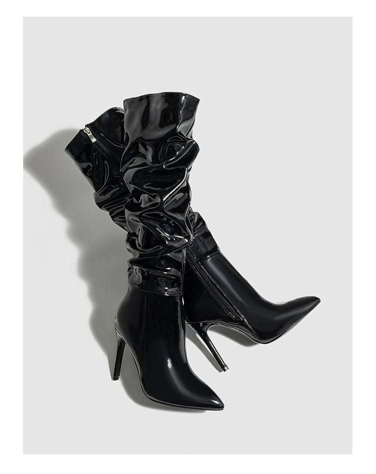 Moncelia black ruched patent knee-high boots, pair shown from above, women's sizes 5 to 11.5
