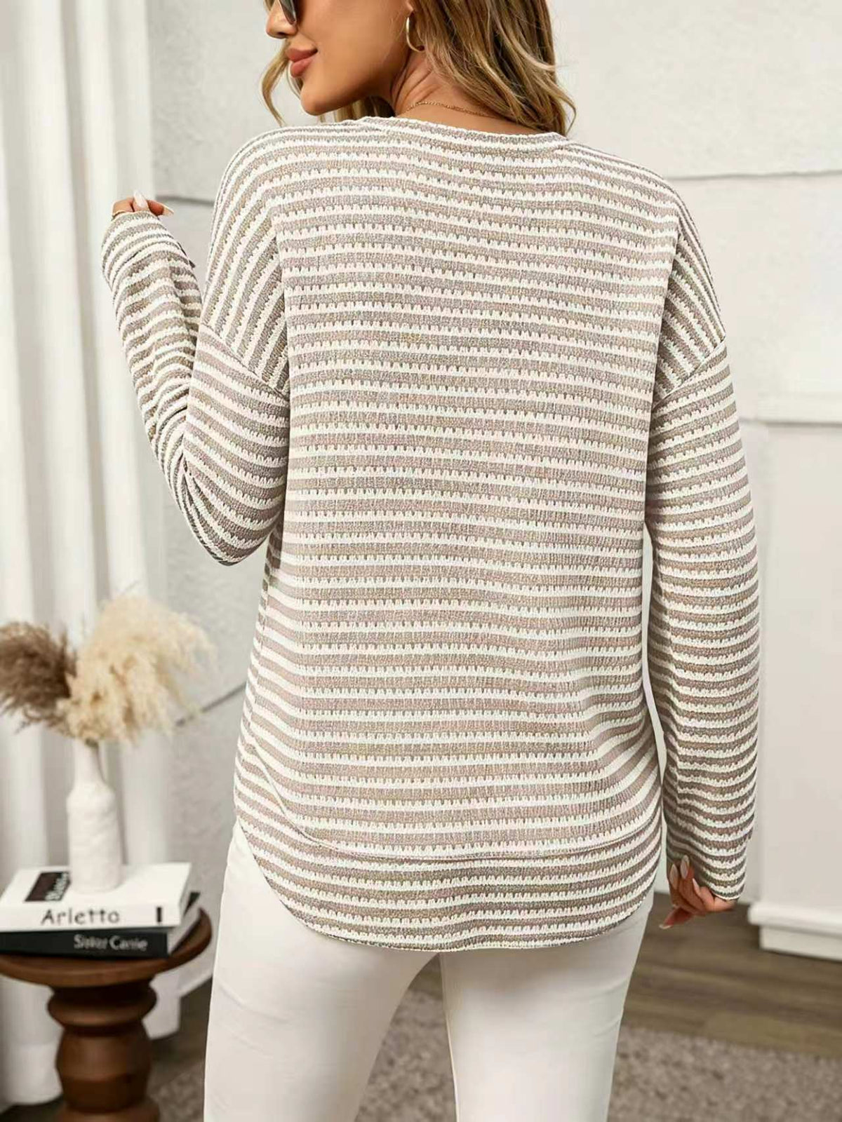 Moncelia Alvina Waffle-Knit Crewneck Long Sleeve Top