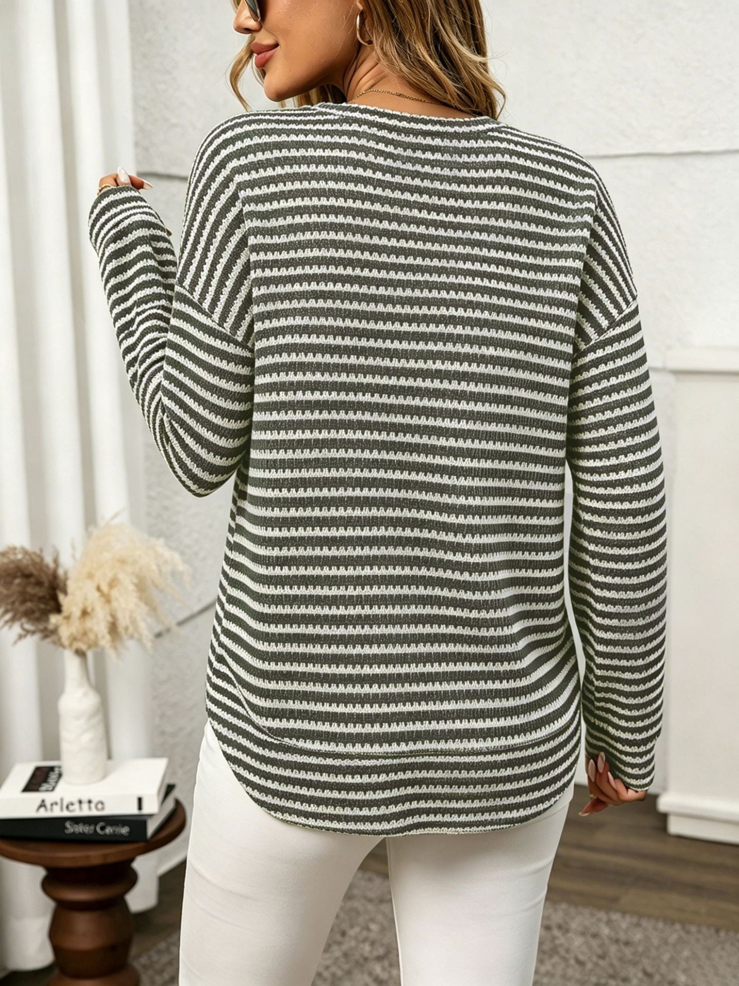 Moncelia Alvina Waffle-Knit Crewneck Long Sleeve Top