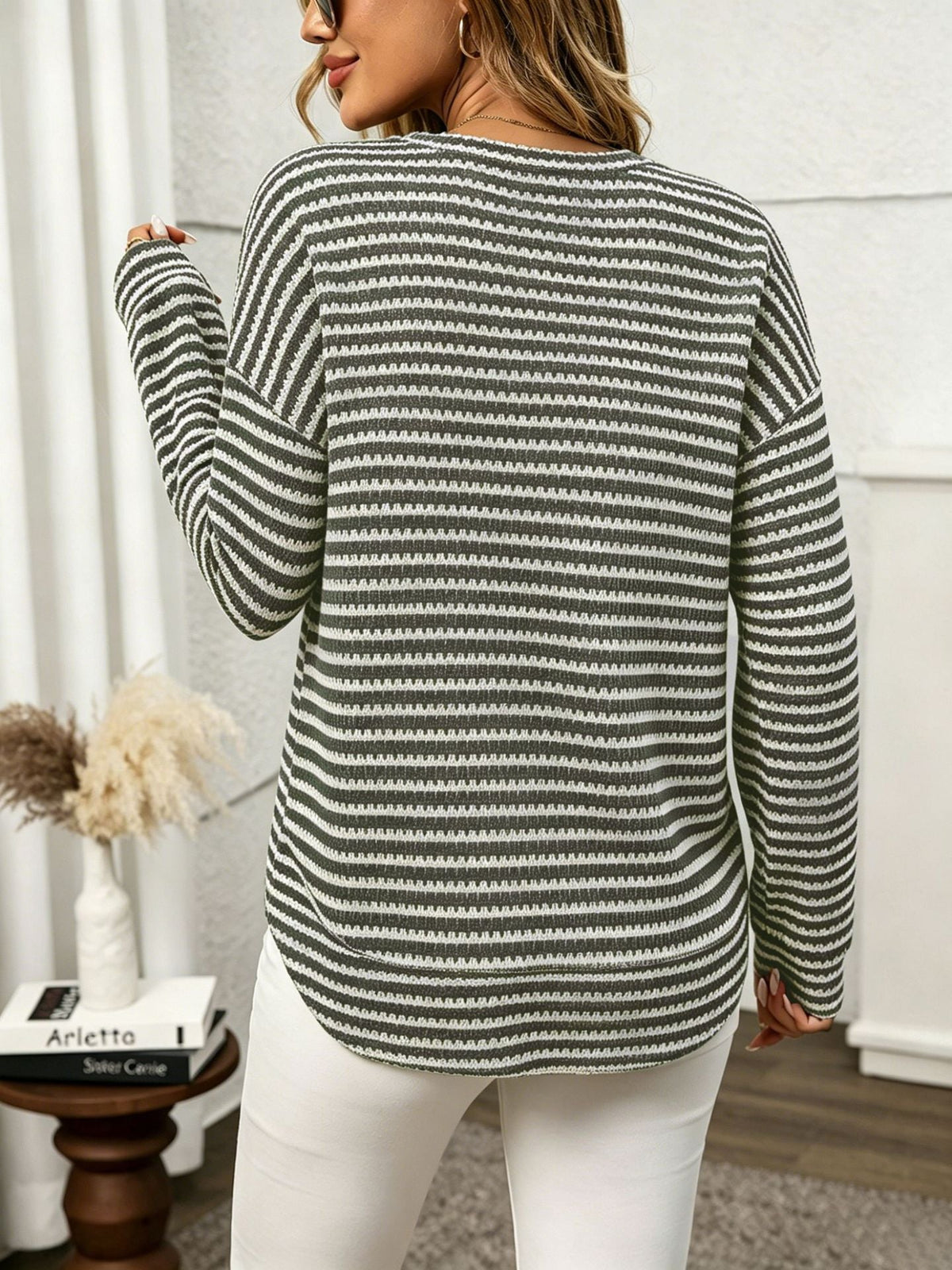 Moncelia Alvina Waffle-Knit Crewneck Long Sleeve Top