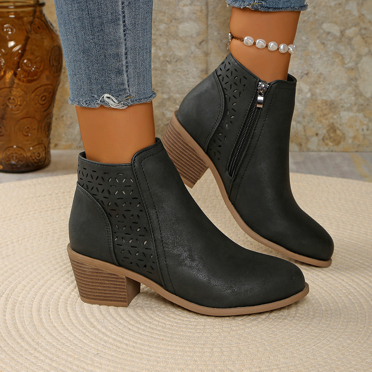 Moncelia Amalia Cutout Block Heel Ankle Boots