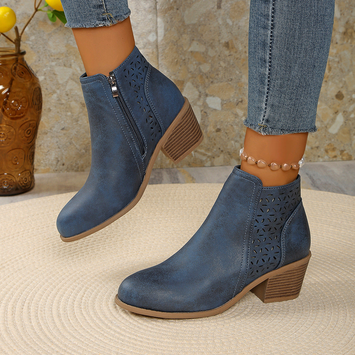 Moncelia Amalia Cutout Block Heel Ankle Boots