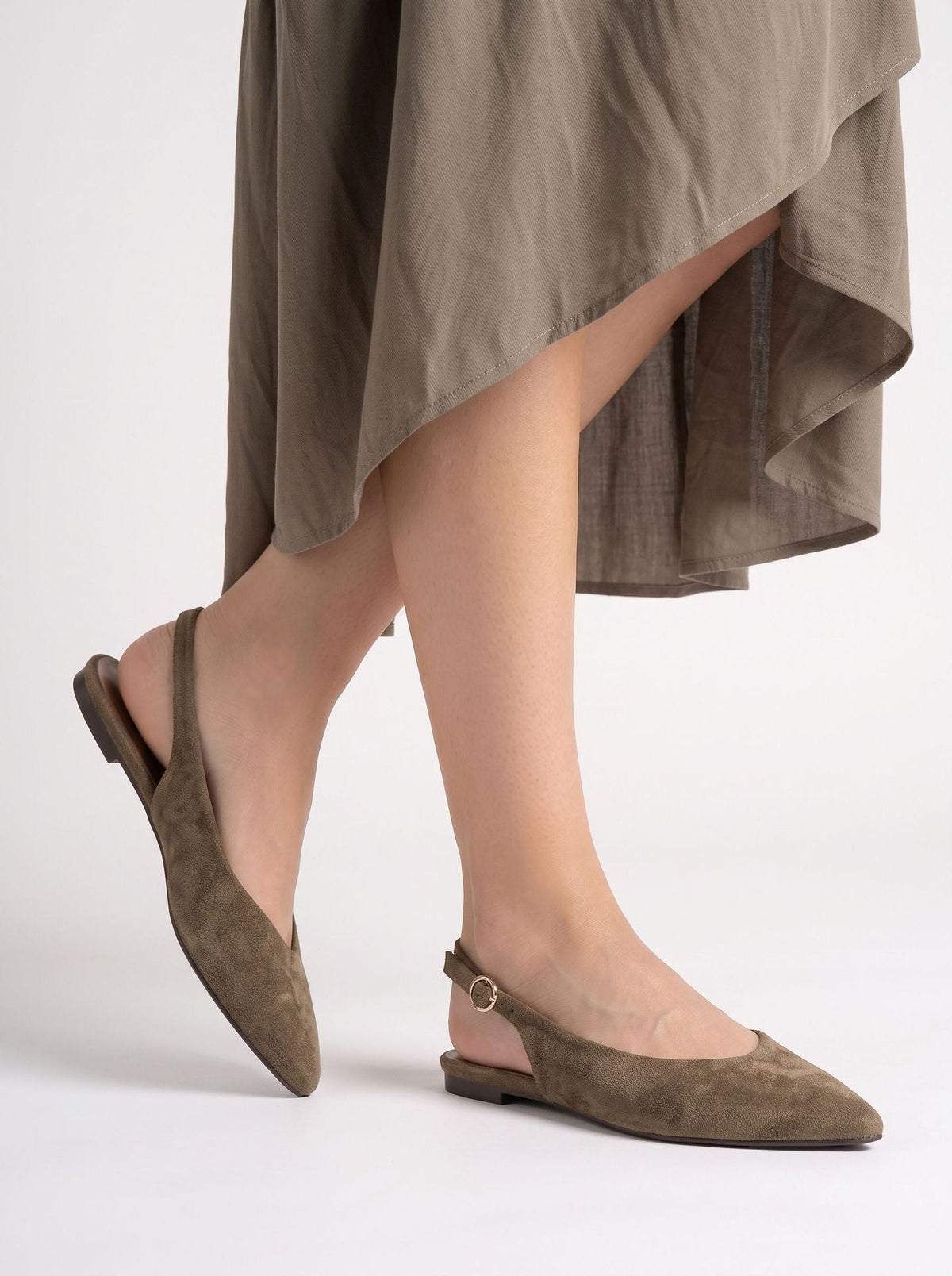 Moncelia brown pointed toe slingback ballet flats, side view showing buckled strap, women's sizes 5 to 9.5