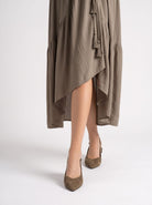 Moncelia brown pointed toe slingback ballet flats, front view with a tiered skirt, women's sizes 5 to 9.5