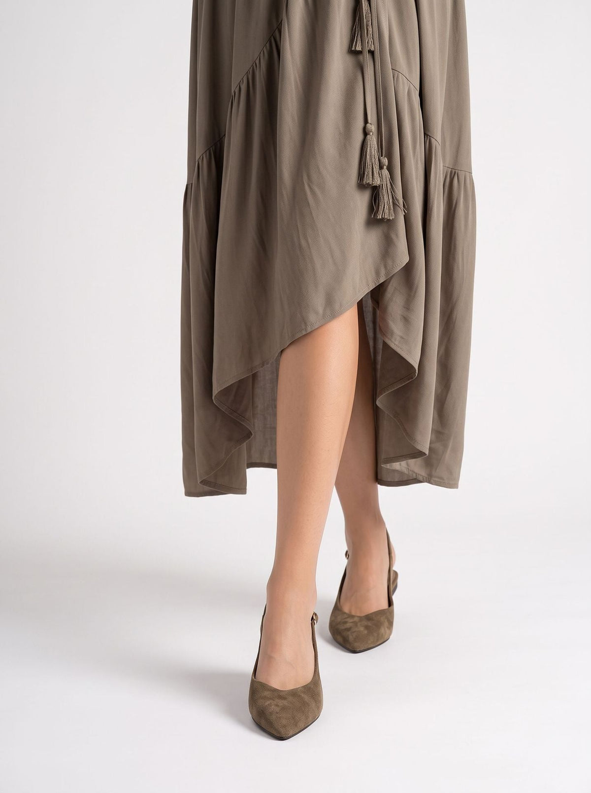 Moncelia brown pointed toe slingback ballet flats, front view with a tiered skirt, women's sizes 5 to 9.5