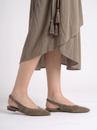 Moncelia brown pointed toe slingback ballet flats, side view, pointed toe in focus, women's sizes 5 to 9.5