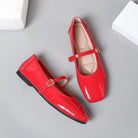 Moncelia red patent square toe Mary Jane flats, pair shown from above, women's sizes 5 to 12