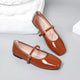 Moncelia brown patent square toe Mary Jane flats, pair shown from the side, women's sizes 5 to 12
