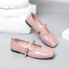 Moncelia pink patent square toe Mary Jane flats, pair shown from the side, women's sizes 5 to 12
