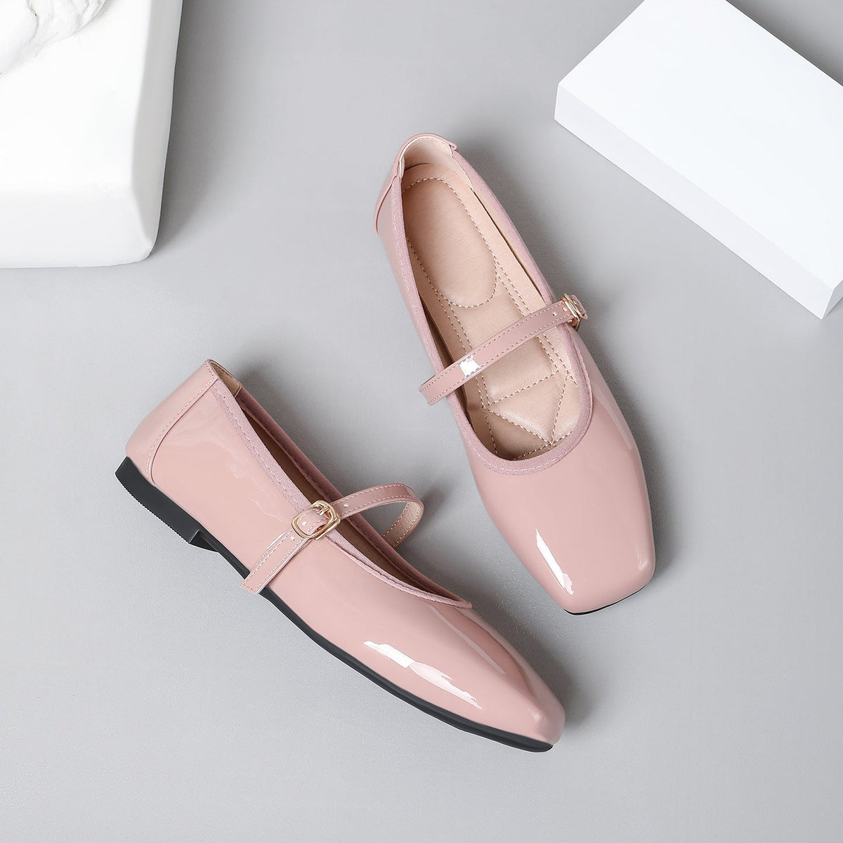 Moncelia pink patent square toe Mary Jane flats, pair shown from above, women's sizes 5 to 12