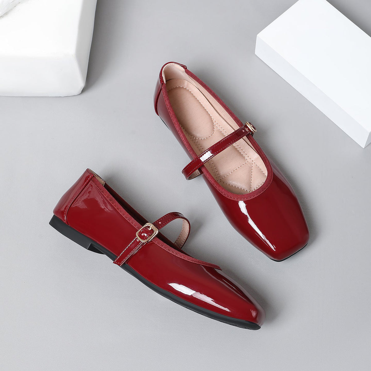 Moncelia burgundy patent square toe Mary Jane flats, pair shown from above, women's sizes 5 to 12