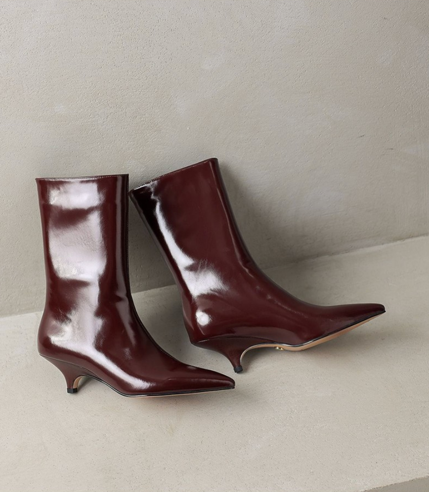 Moncelia burgundy kitten heel ankle boots, pair showing curved kitten heels, women's sizes 5 to 11.5