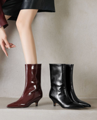 Moncelia burgundy and black kitten heel ankle boots shown side by side, women's sizes 5 to 11.5
