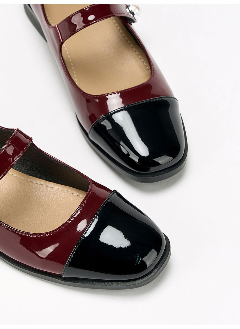 Moncelia burgundy cap toe pearl button Mary Janes, close-up of the black cap toe, women's sizes 5 to 12
