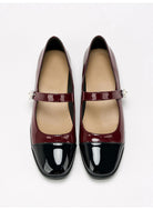 Moncelia burgundy cap toe pearl button Mary Janes, pair shown from above, women's sizes 5 to 12