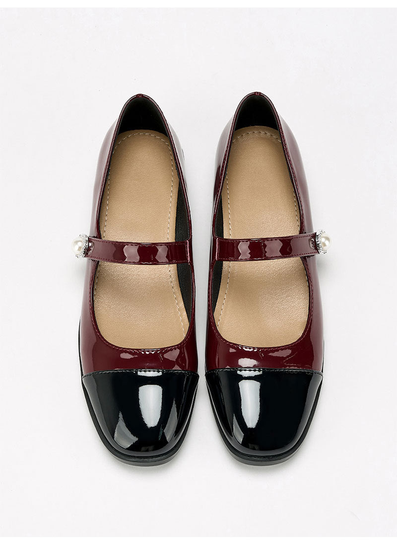 Moncelia burgundy cap toe pearl button Mary Janes, pair shown from above, women's sizes 5 to 12