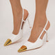 Moncelia ivory gold cap toe slingbacks, front view on model showing gold cap toe, women's sizes 5 to 11.5