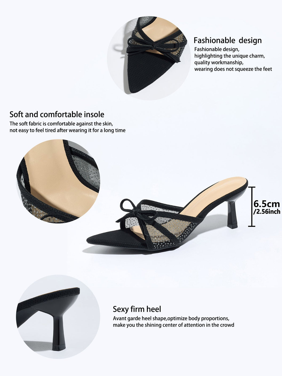 Moncelia black bow mesh pointed toe heeled mules, close-ups of toe, insole and heel, women's sizes 5 to 12