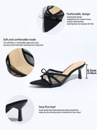 Moncelia black bow mesh pointed toe heeled mules, close-ups of toe, insole and heel, women's sizes 5 to 12