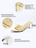Moncelia apricot bow mesh pointed toe heeled mules, close-ups of toe, insole and heel, women's sizes 5 to 12