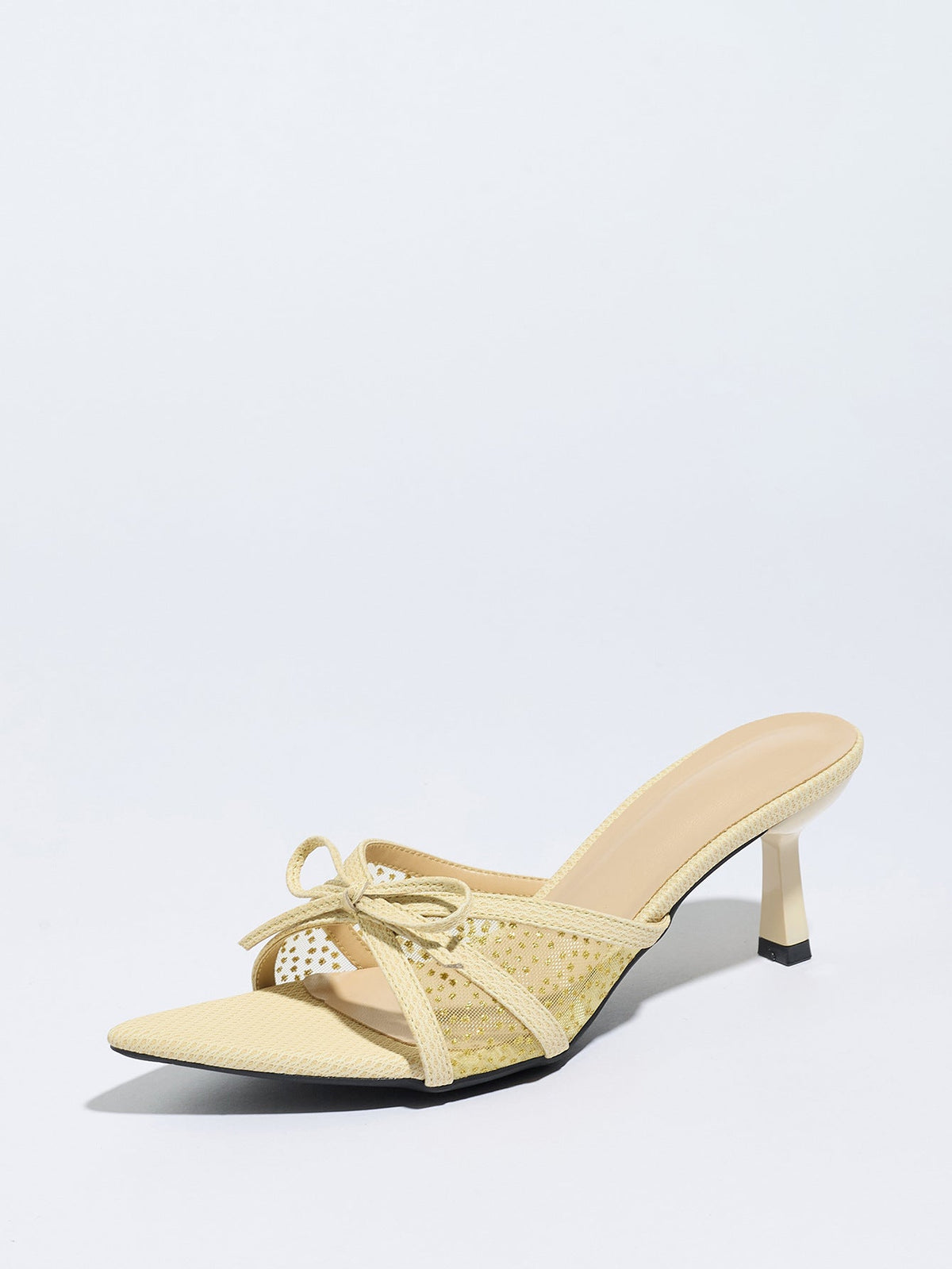 Moncelia apricot bow mesh pointed toe heeled mules, single shoe in profile with bow, women's sizes 5 to 12