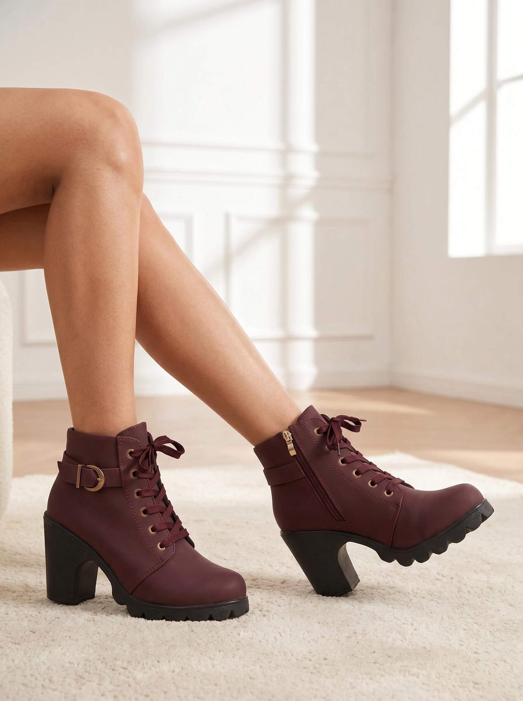 Moncelia Elda Lace-Up Buckle Lug Sole Ankle Boots