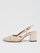 Moncelia cream woven block heel slingbacks, single shoe in profile showing buckle strap, women's sizes 5 to 12