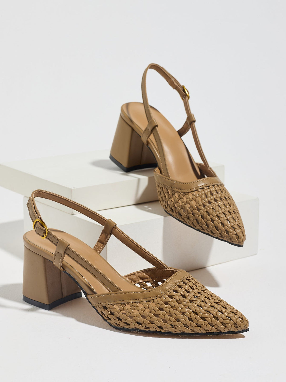 Moncelia brown woven block heel slingbacks, pair shown on a white display block, women's sizes 5 to 12