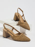 Moncelia brown woven block heel slingbacks, pair shown on a white display block, women's sizes 5 to 12