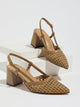 Moncelia brown woven block heel slingbacks, pair shown on a white display block, women's sizes 5 to 12