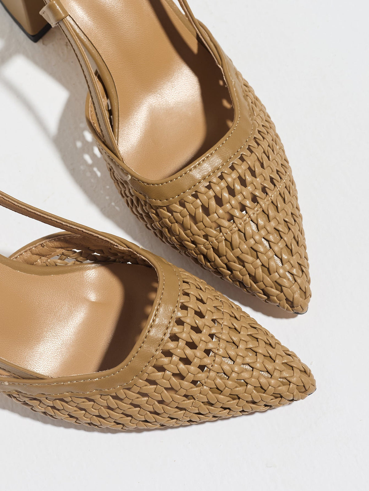 Moncelia brown woven block heel slingbacks, close-up of the woven pointed toe, women's sizes 5 to 12
