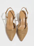 Moncelia brown woven block heel slingbacks, pair shown from above with open weave, women's sizes 5 to 12