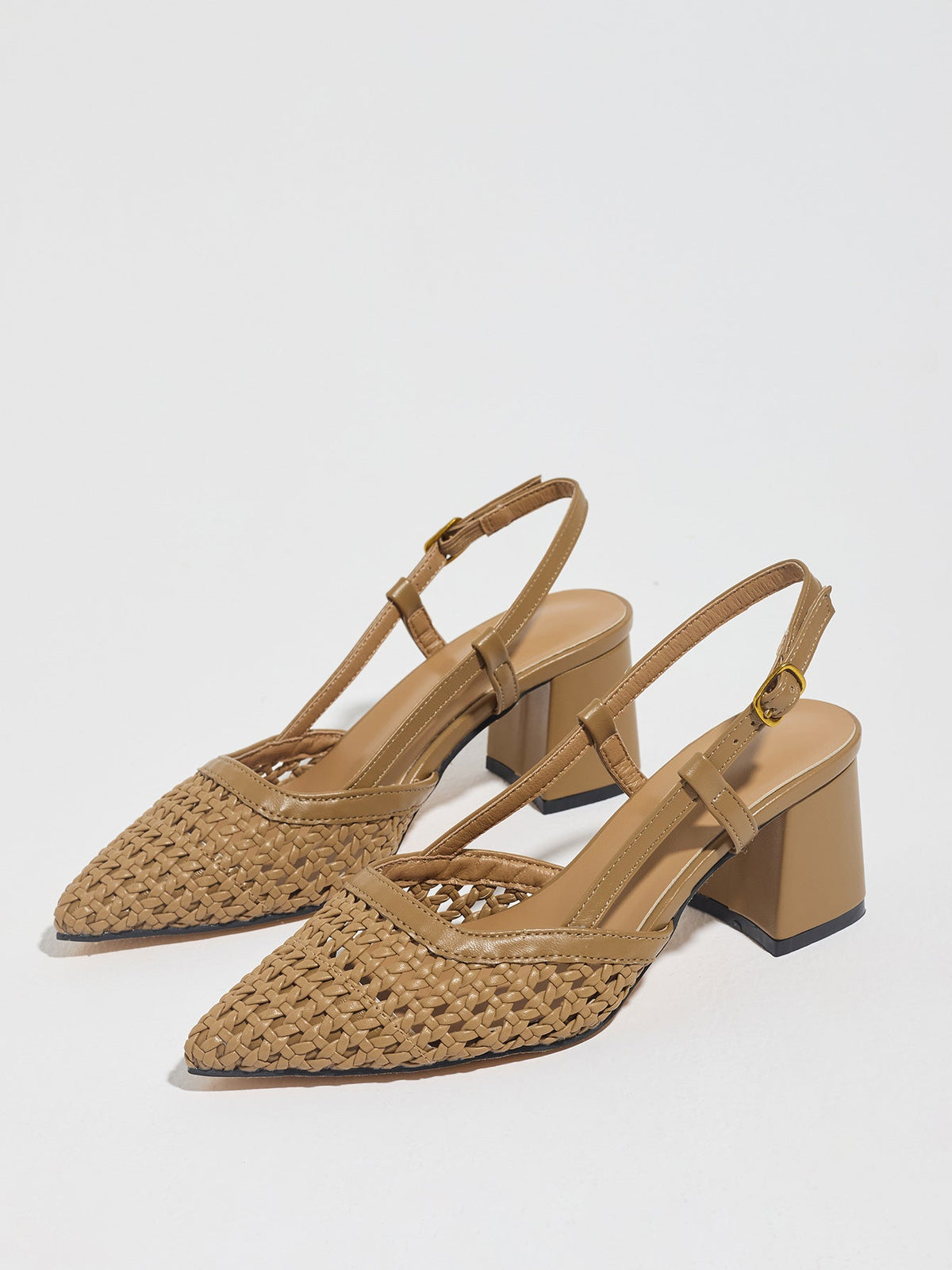 Moncelia brown woven block heel slingbacks, pair shown from the side at an angle, women's sizes 5 to 12