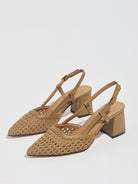 Moncelia brown woven block heel slingbacks, pair shown from the side at an angle, women's sizes 5 to 12