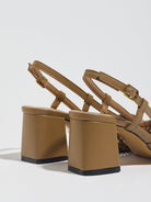Moncelia brown woven block heel slingbacks, back view showing block heels and buckles, women's sizes 5 to 12