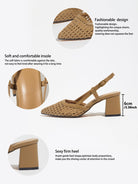 Moncelia brown woven block heel slingbacks, detail sheet with 6 cm heel, women's sizes 5 to 12