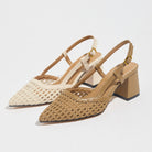 Moncelia cream and brown woven block heel slingbacks, both colours side by side, women's sizes 5 to 12