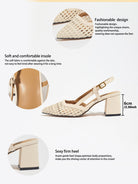 Moncelia cream woven block heel slingbacks, detail sheet with 6 cm heel, women's sizes 5 to 12