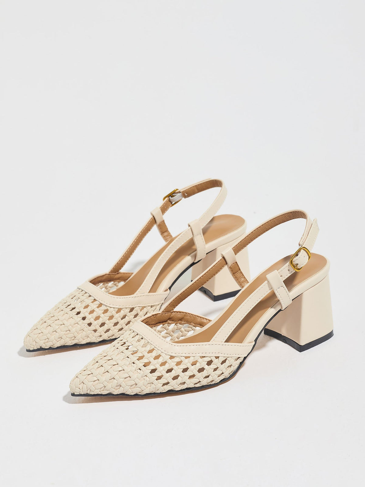 Moncelia cream woven block heel slingbacks, pair shown from the side at an angle, women's sizes 5 to 12