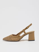Moncelia brown woven block heel slingbacks, single shoe in profile showing buckle strap, women's sizes 5 to 12