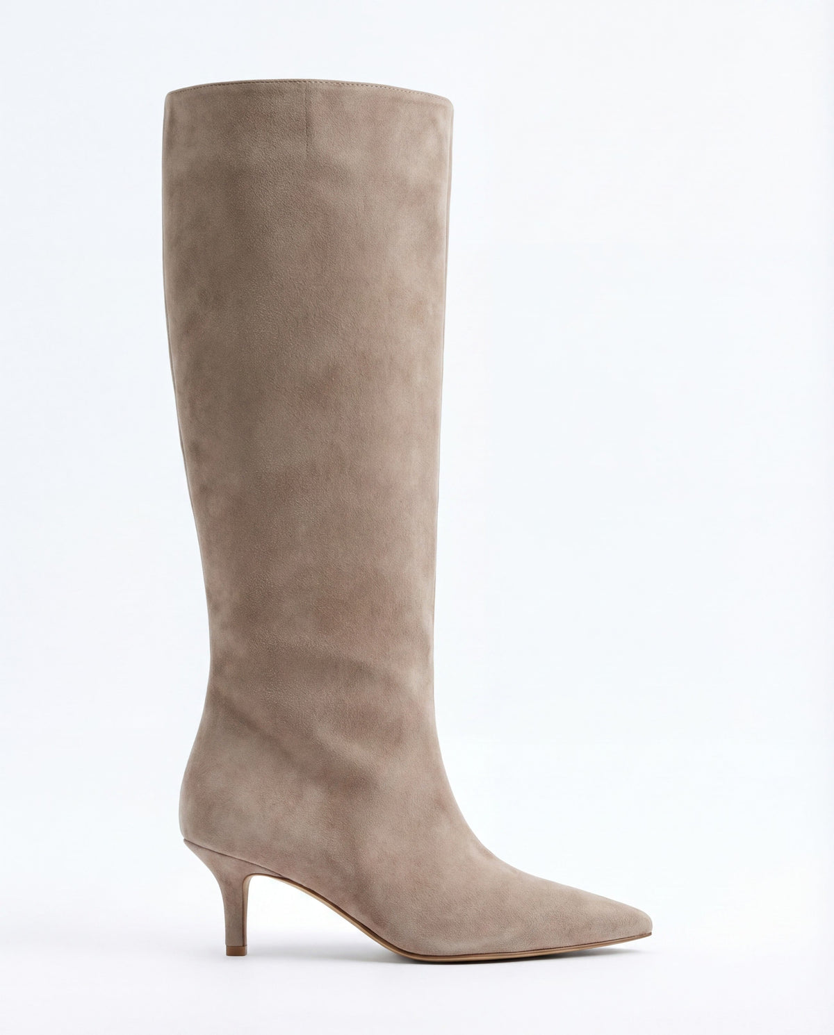 Moncelia beige pointed toe slim heel knee-high boots, single boot in profile, women's sizes 5 to 12