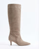 Moncelia beige pointed toe slim heel knee-high boots, single boot in profile, women's sizes 5 to 12