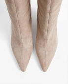 Moncelia beige pointed toe slim heel knee-high boots, close-up of the pointed toes, women's sizes 5 to 12