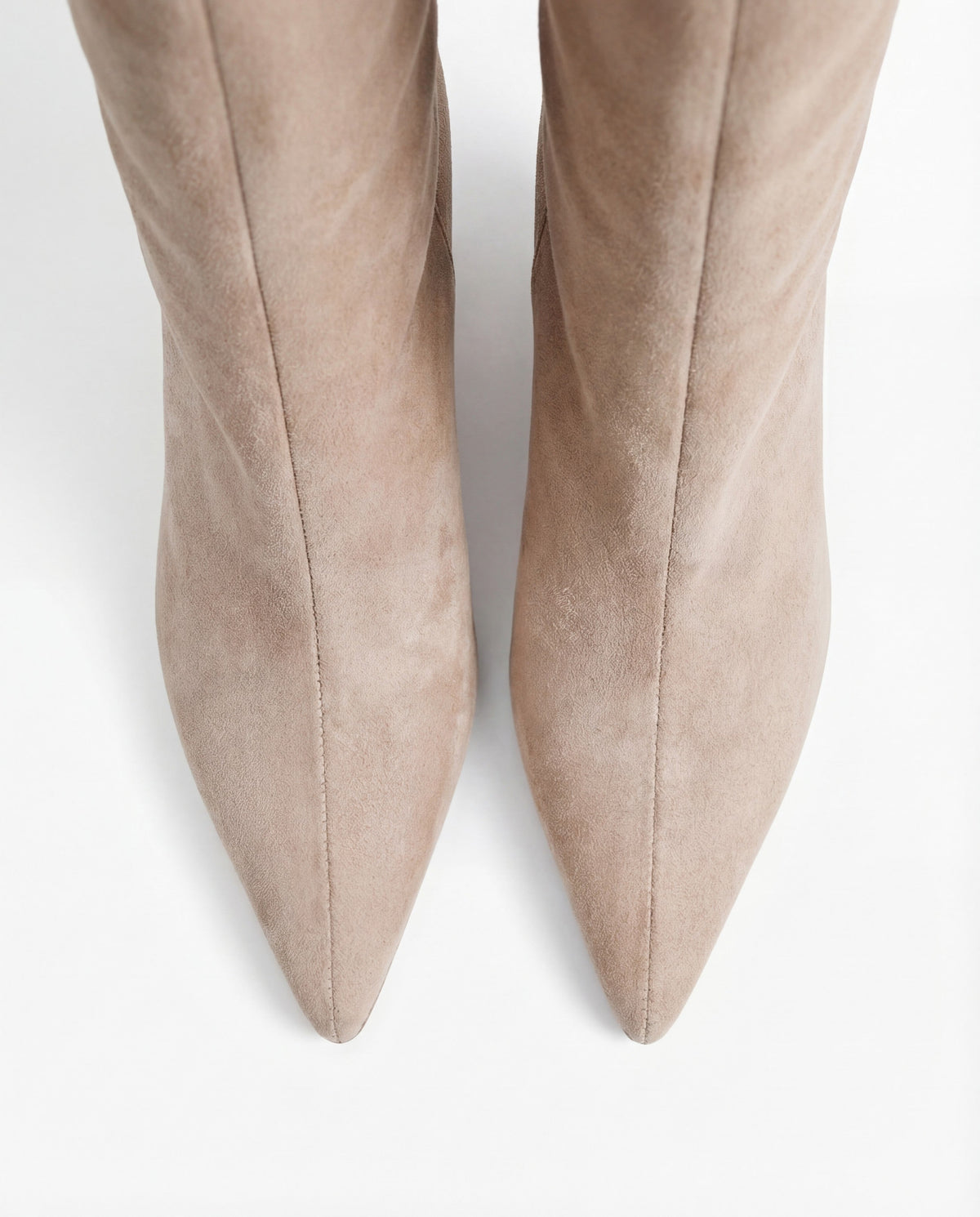 Moncelia beige pointed toe slim heel knee-high boots, close-up of the pointed toes, women's sizes 5 to 12