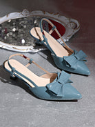 Moncelia blue bow slingback kitten heels, pair shown from the side showing bow, women's sizes 5 to 11.5