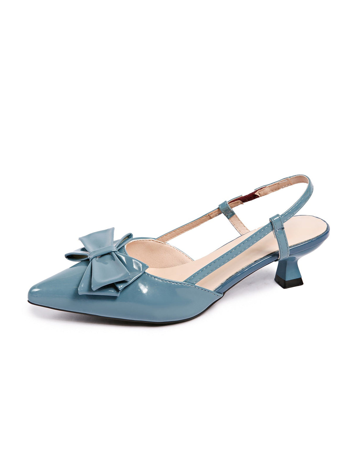 Moncelia blue bow slingback kitten heels, single shoe in profile showing kitten heel, women's sizes 5 to 11.5