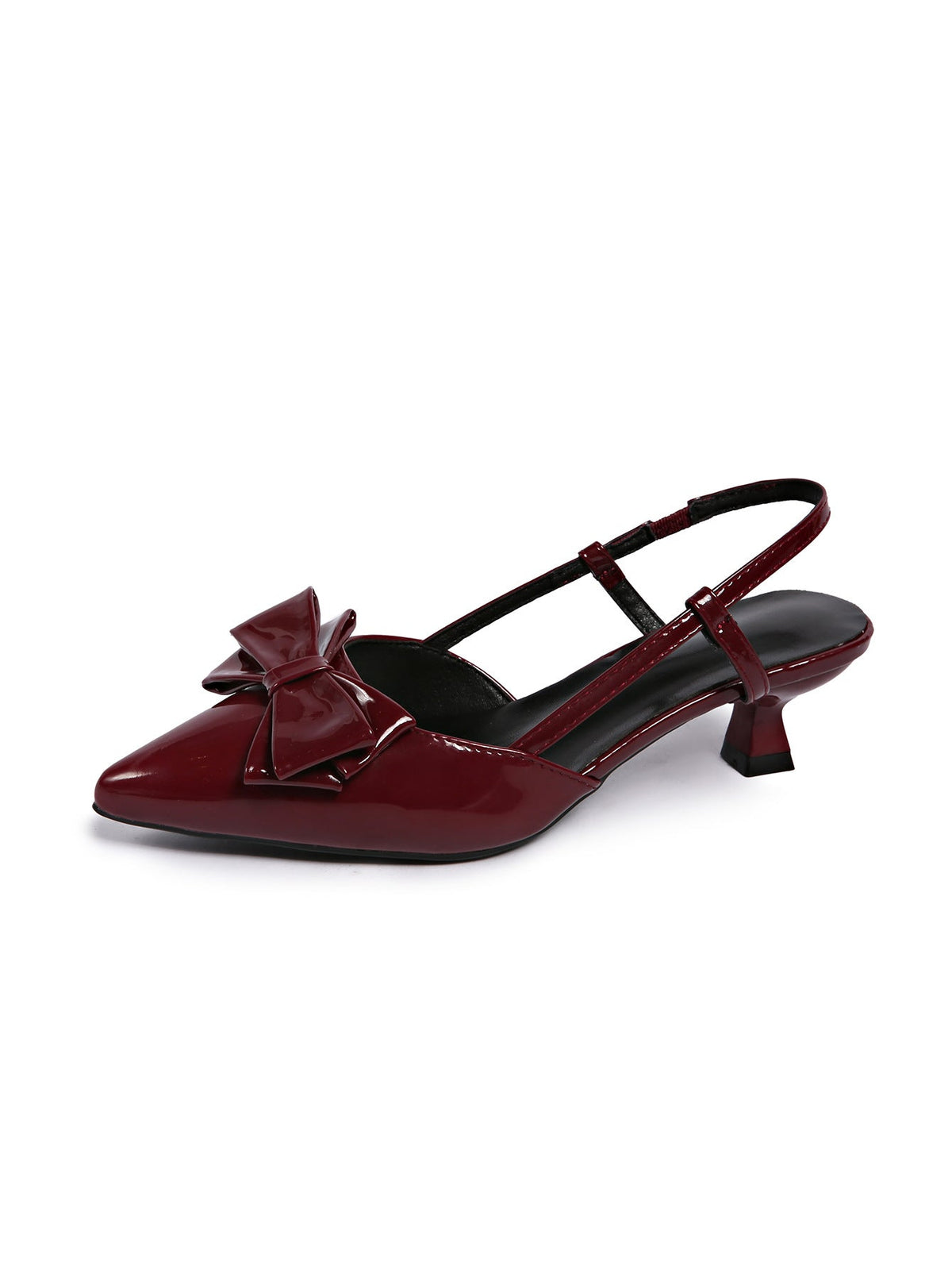 Moncelia burgundy bow slingback kitten heels, single shoe in profile showing low heel, women's sizes 5 to 11.5