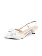 Moncelia ivory bow slingback kitten heels, single shoe in profile showing kitten heel, women's sizes 5 to 11.5