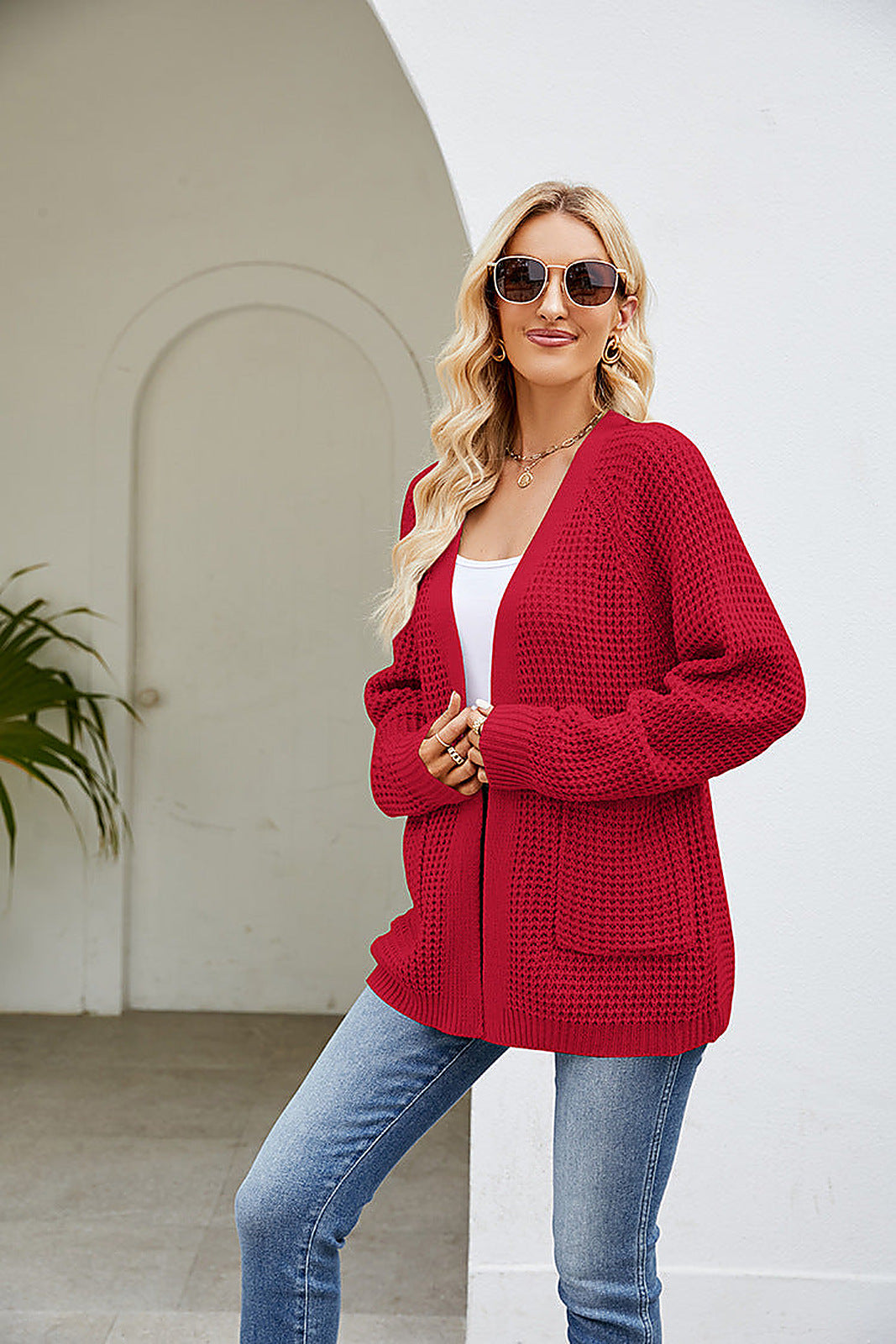Moncelia Hilde Waffle Knit Open Front Cardigan